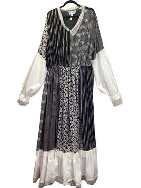 Vintage Plus Size Mixed Print Long Sleeve Maxi Dress Black White
